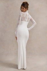 White High-Neck Split Maxi Dress With Lace Sleeves